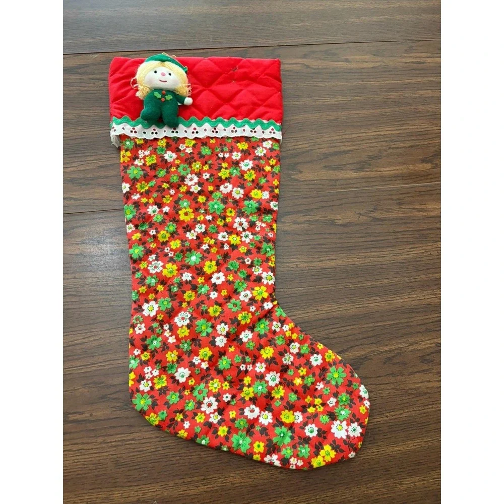 Vintage Handmade Christmas Stocking Floral Calico Quilted Elf Doll